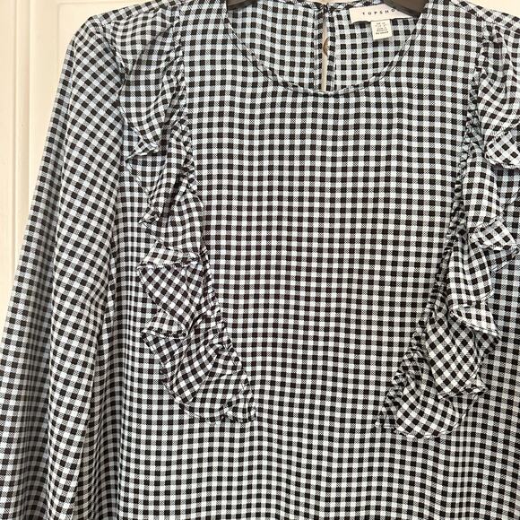 Topshop Blue Gingham Check Ruffled Long Sleeve Mini Dress Size 8 - Picture 6 of 6